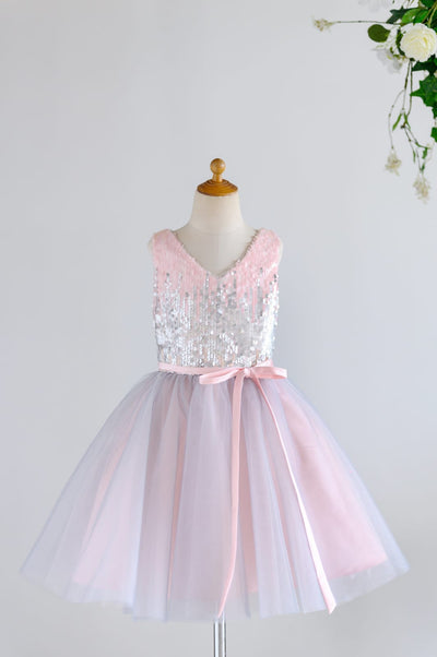 Pink Silver Gray Sequin Tulle V Neck Wedding Flower Girl