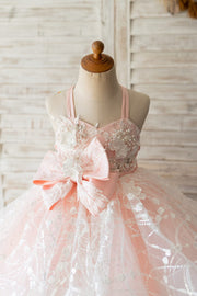Pink Tulle Beaded Lace Wedding Flower Girl Dress Kids Party