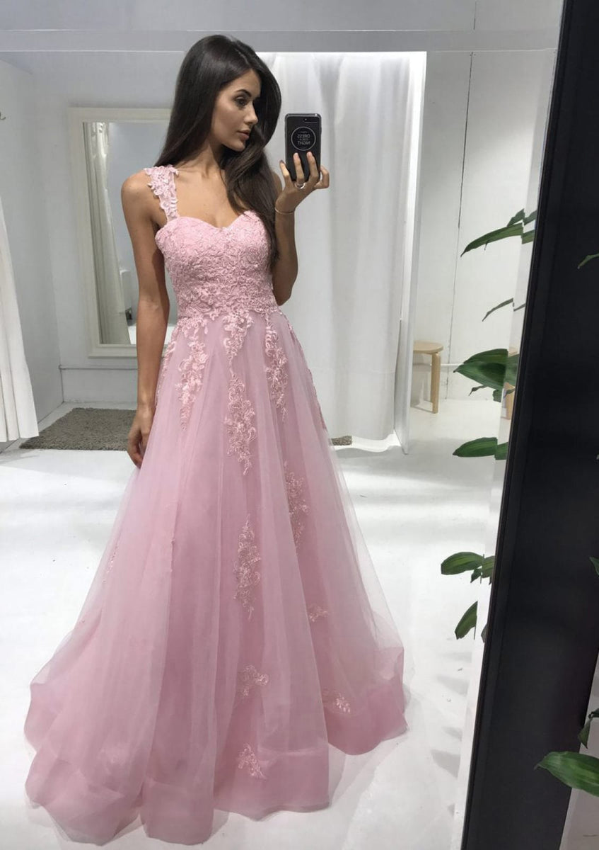 A-Line/Princess Sweetheart Tulle Prom Dresses Lace Floor-Length Spaghetti Straps Formal Dresses