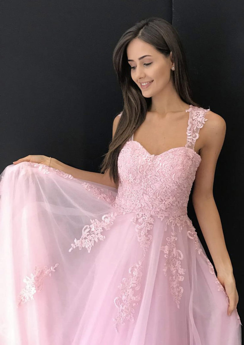 princess pink tulle long prom dress Princess Strapless Light Pink Prom Dress with Flowers, Pink / 0