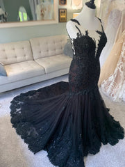 Plunge Illusion Tank Chapel Lace Tulle Black Trumpet Wedding