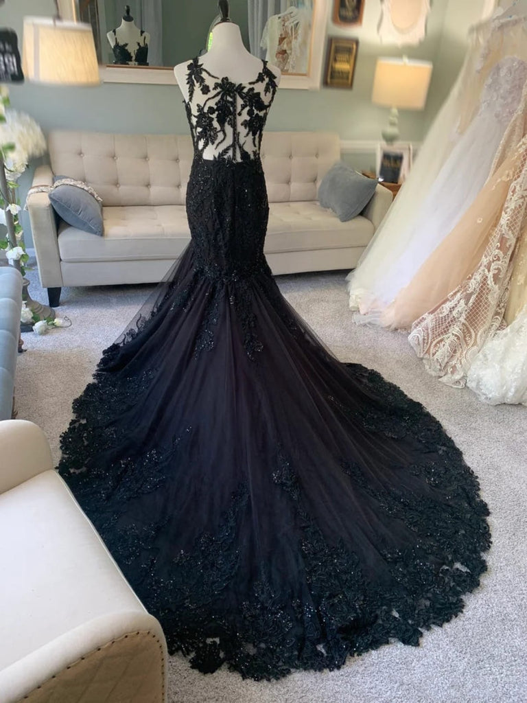 Plunge Illusion Tank Chapel Lace Tulle Black Trumpet Wedding