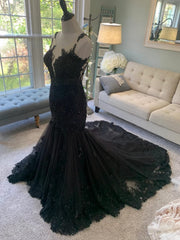 Plunge Illusion Tank Chapel Lace Tulle Black Trumpet Wedding