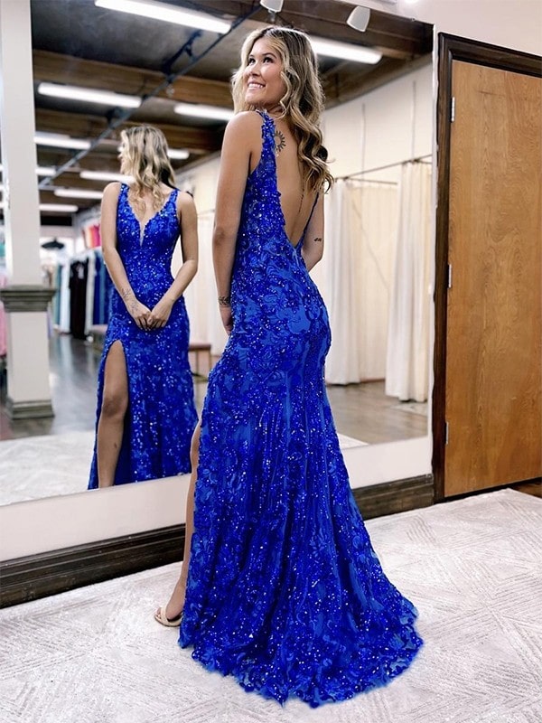 Mermaid / Trumpet Prom Dresses Sparkle & Shine Dress Formal Sweep V Neck Sequined Backless with Sequin Gown
