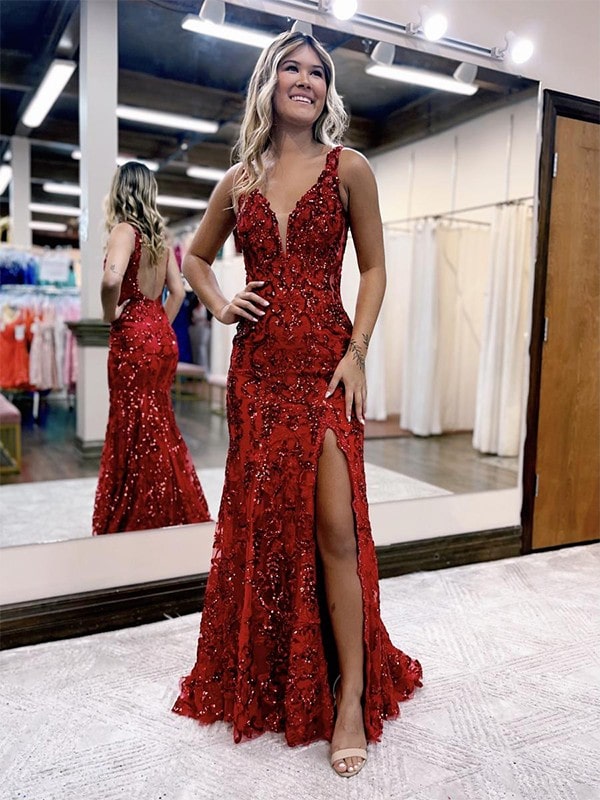 Mermaid / Trumpet Prom Dresses Sparkle & Shine Dress Formal Sweep V Neck Sequined Backless with Sequin Gown