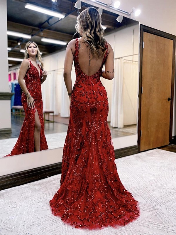 Mermaid / Trumpet Prom Dresses Sparkle & Shine Dress Formal Sweep V Neck Sequined Backless with Sequin Gown