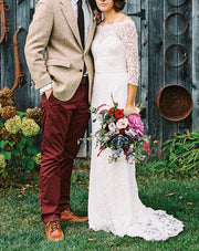 Columna Scalloped Off Hombro 3/4 Sleeve vestido de novia de encaje