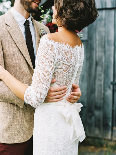 Coluna Scalloped Off Ombro 3/4 manga varredura Lace vestido de casamento