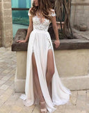 A-Line Illusion Neck Slit Sweep White Lace vestido de novia