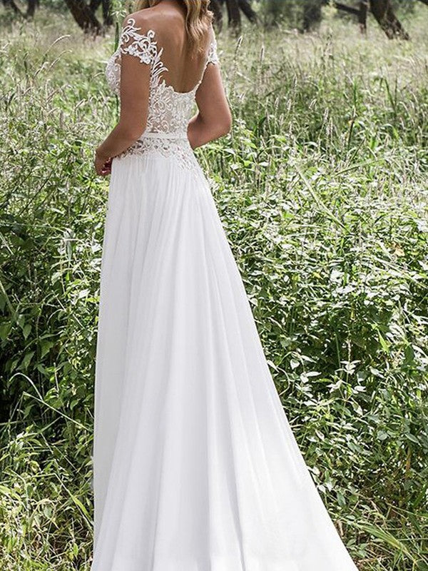 knee length dresses for ladies A-Line Illusion Neck Slit Sweep White Lace Chiffon Wedding Dress