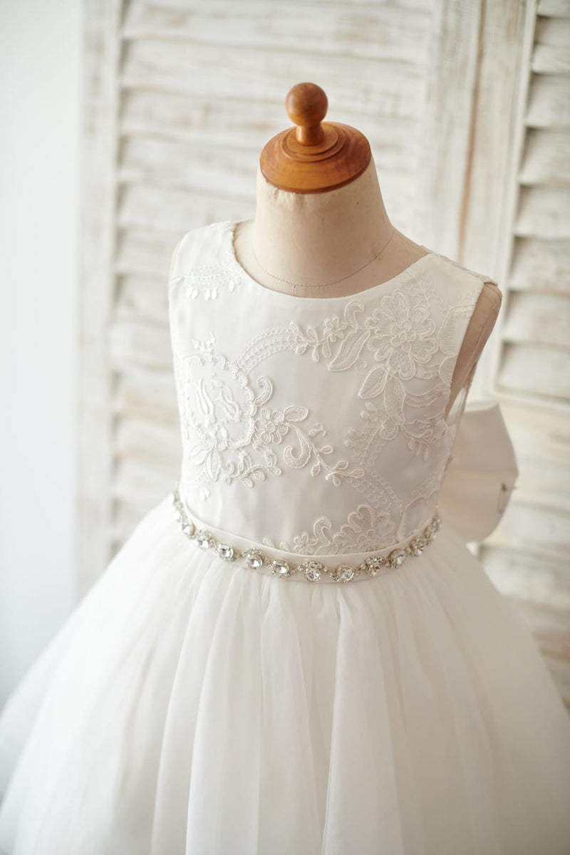 Cross Back Ivory Lace Ruffle Tulle Skirt Flower Girl Dress, big bow main image 0