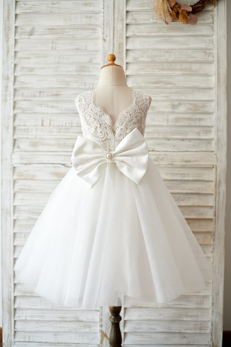 Princess Ivory Lace Gray Tulle Wedding Flower Girl Dress main image 0