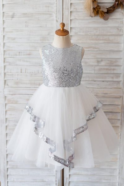 Backless Silver Sequin Tulle Wedding Flower Girl Dress Kids
