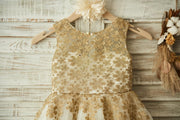 Gold Lace Ivory Tulle Wedding Flower Girl Dress