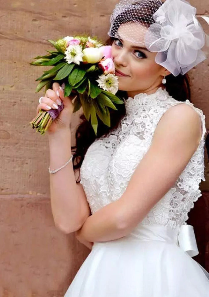 Princess High-Neck Sleeveless Keyhole Knee-Length Lace Tulle