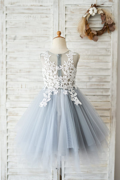 Princess Ivory Lace Gray Tulle Wedding Flower Girl Dress