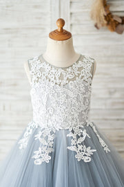 Princess Ivory Lace Gray Tulle Wedding Flower Girl Dress