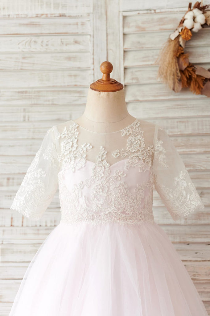 Ivory Lace Pink Tulle Short Sleeves Wedding Flower Girl