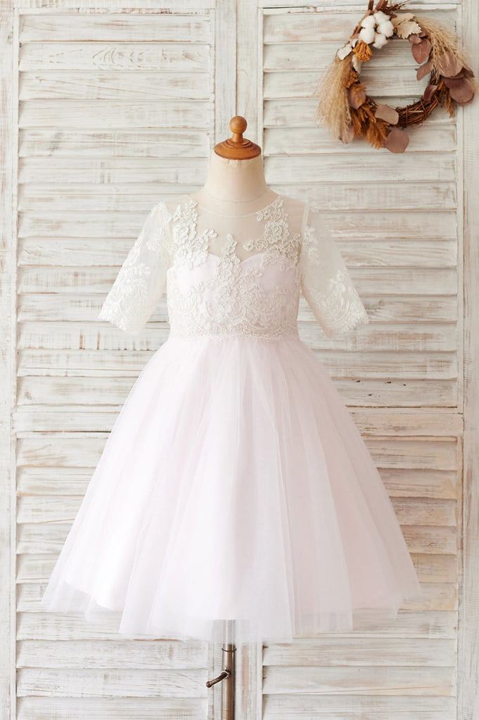 Ivory Lace Pink Tulle Short Sleeves Wedding Flower Girl