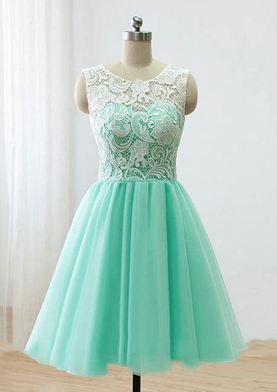 Princess Ivory Lace Top Mint Green Tulle Short Bridesmaid