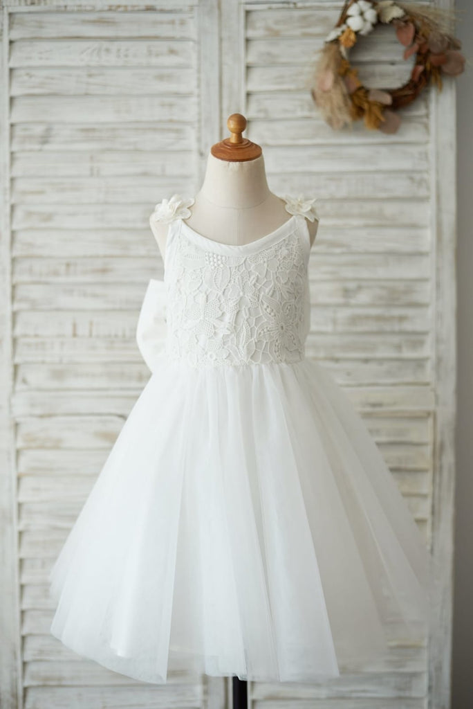 Princess Ivory Lace Tulle V Back Wedding Flower Girl Dress
