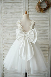 Princess Ivory Lace Tulle V Back Wedding Flower Girl Dress