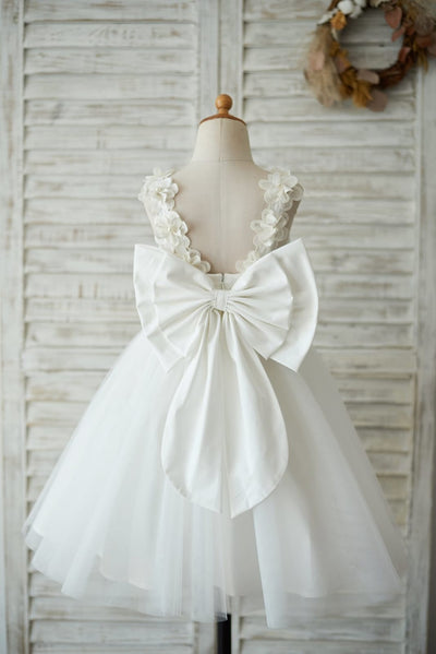 Princess Ivory Lace Tulle V Back Wedding Flower Girl Dress