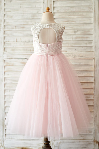 Princess Keyhole Back Ivory Lace Pink Tulle Wedding Flower