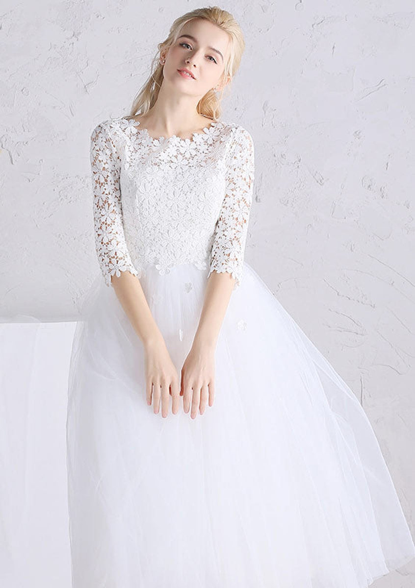 Ball Gown Strapless Lace Tulle Little White Dresses Ruffle Sash Wedding Dresses Tea Length