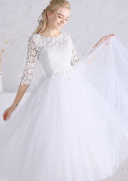 Princess Tea Length White Flowers Lace Tulle Wedding Dress -