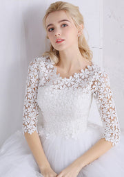 Princess Tea Length White Flowers Lace Tulle Wedding Dress -