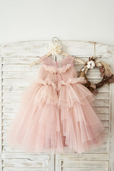 Mauve Tulle V Neck Wedding Flower Girl Dress with Beading