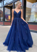 Princess Navy Blue Backless Lace-up Tulle Prom Dress Evening Gown, Lace