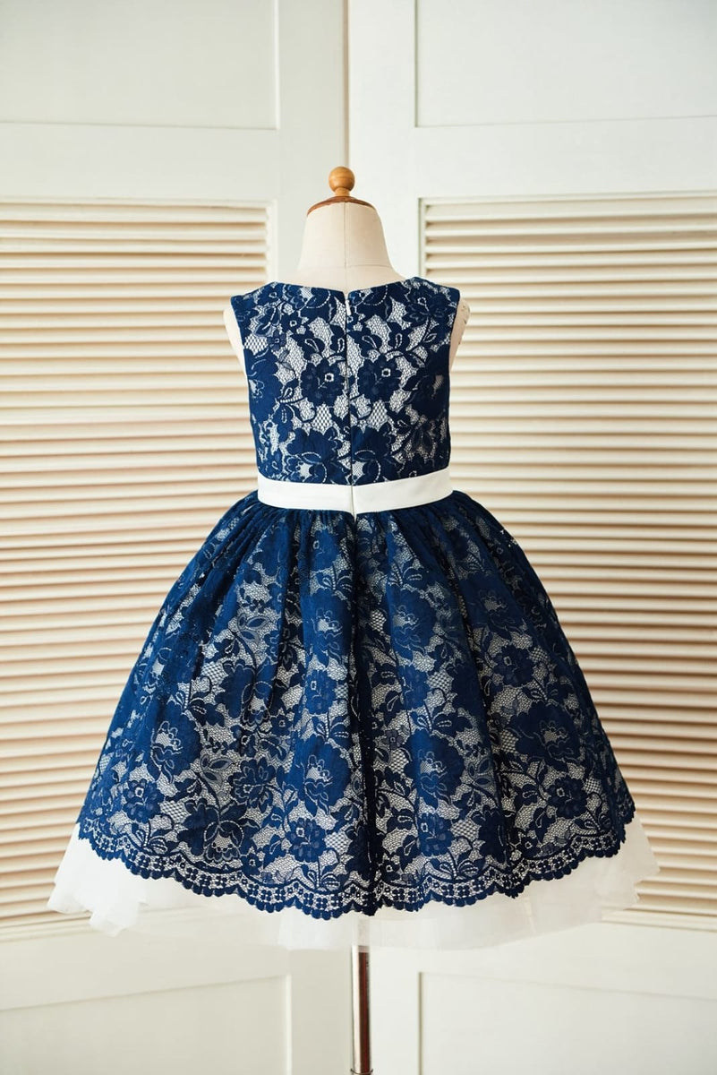 Princess Navy Blue Lace Ivory Tulle Wedding Flower Girl Dress 4T