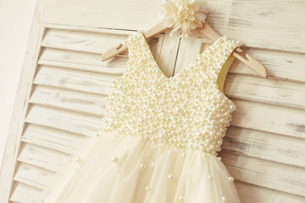 Princess V Neck Champagne Tulle Pearl Beaded Flower Girl