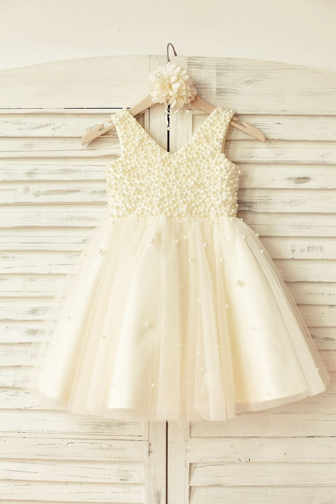 Princess V Neck Champagne Tulle Pearl Beaded Flower Girl