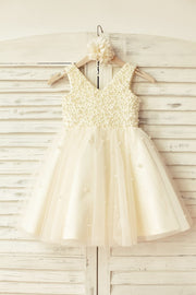 Princess V Neck Champagne Tulle Pearl Beaded Flower Girl