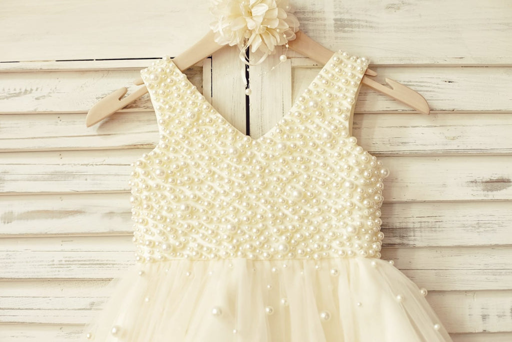 Princess V Neck Champagne Tulle Pearl Beaded Flower Girl