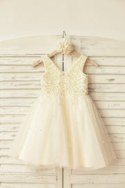 Princess V Neck Champagne Tulle Pearl Beaded Flower Girl
