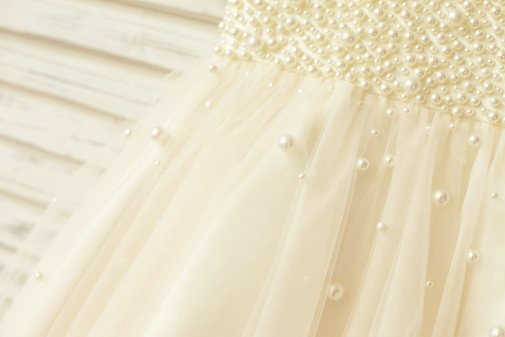 Princess V Neck Champagne Tulle Pearl Beaded Flower Girl