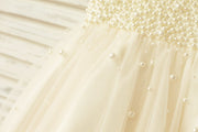Princess V Neck Champagne Tulle Pearl Beaded Flower Girl