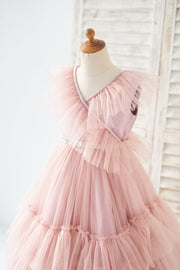 V Neck Mauve Tulle Cupcake Wedding Flower Girl Dress Kids 