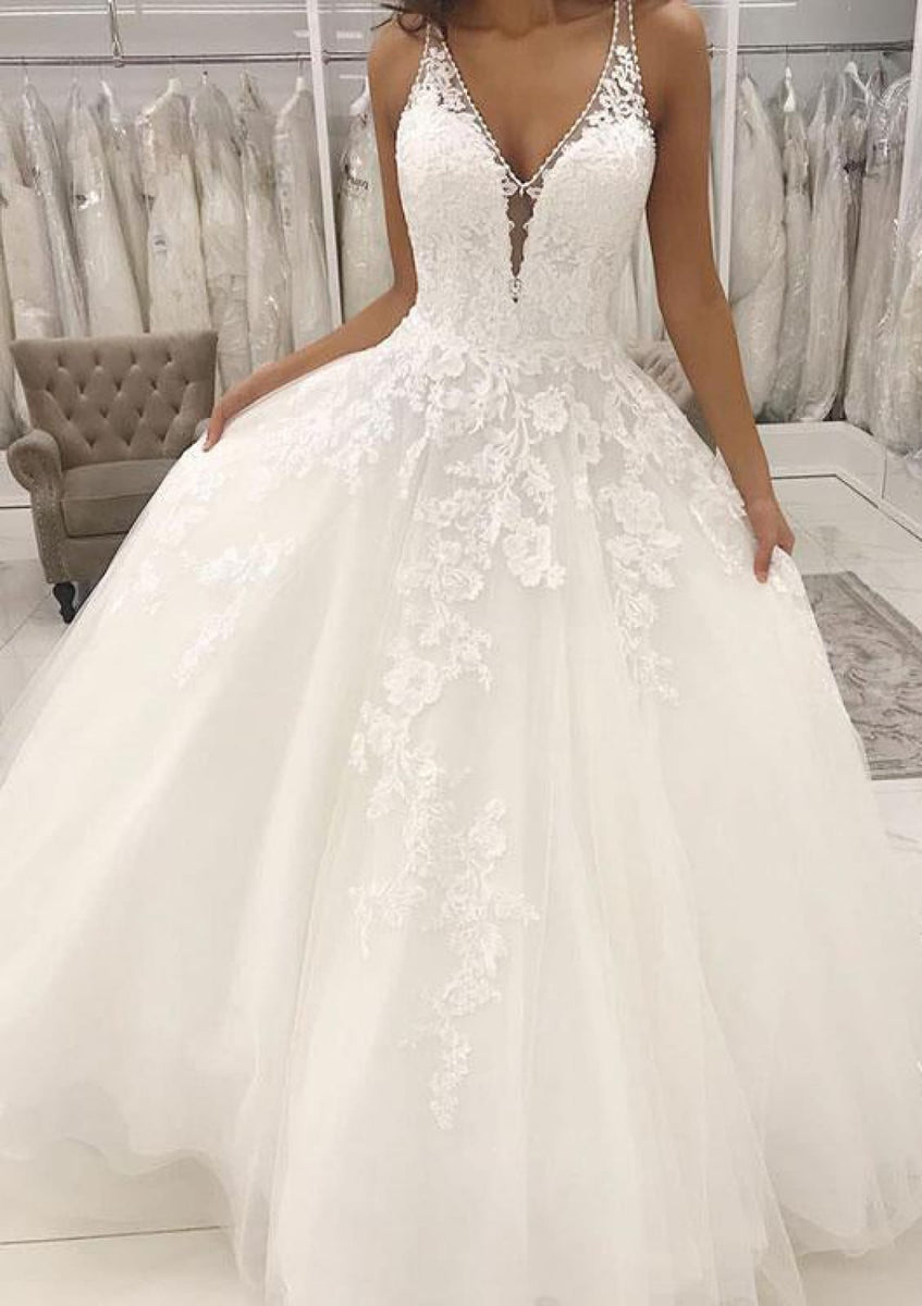 A-Line/Princess Tulle V-neck Sleeveless Floor-Length Wedding Dresses main image 1
