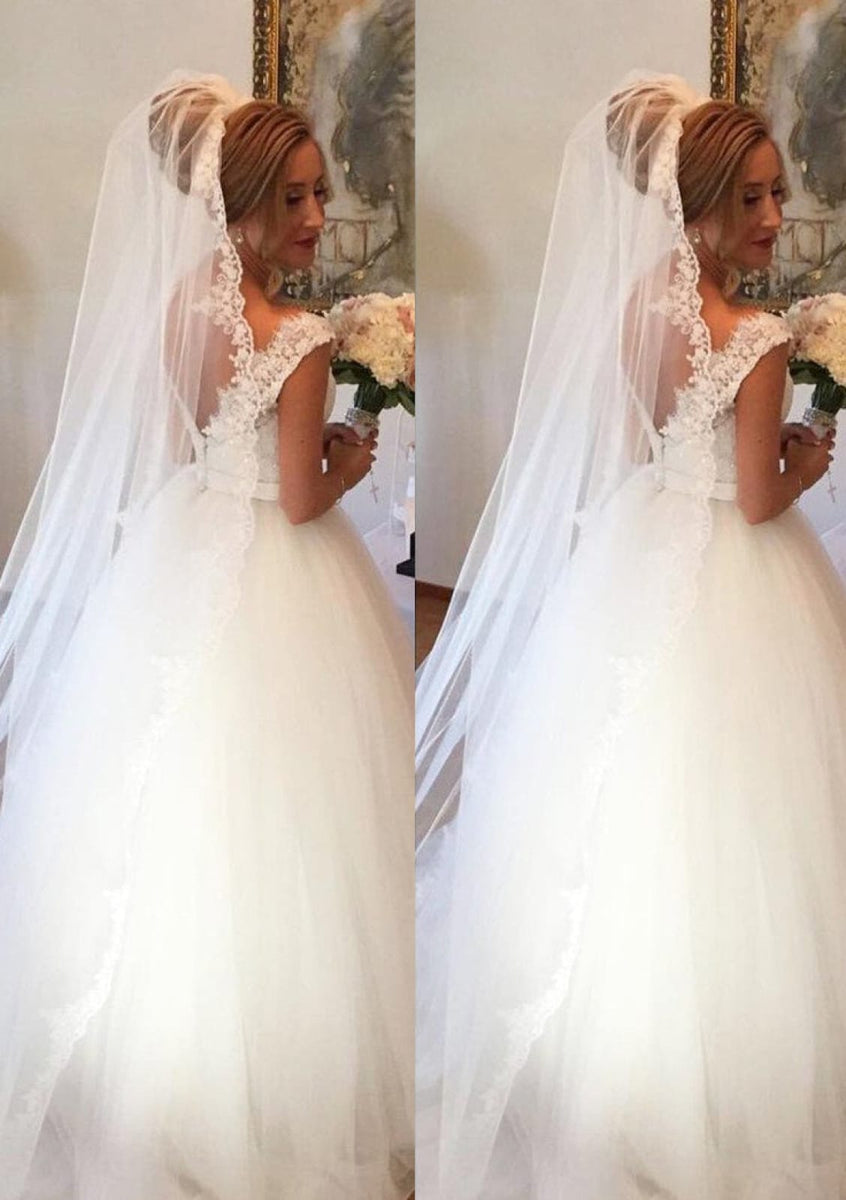 Bateau Open Back Ivory Tulle Court Princess Wedding Dress