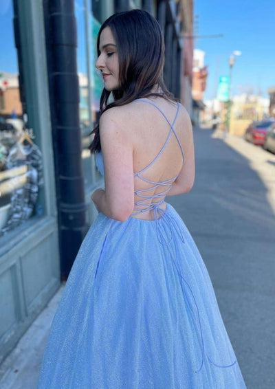 Princess V Neck Straps Sky Blue Tulle Glitter Prom Dress