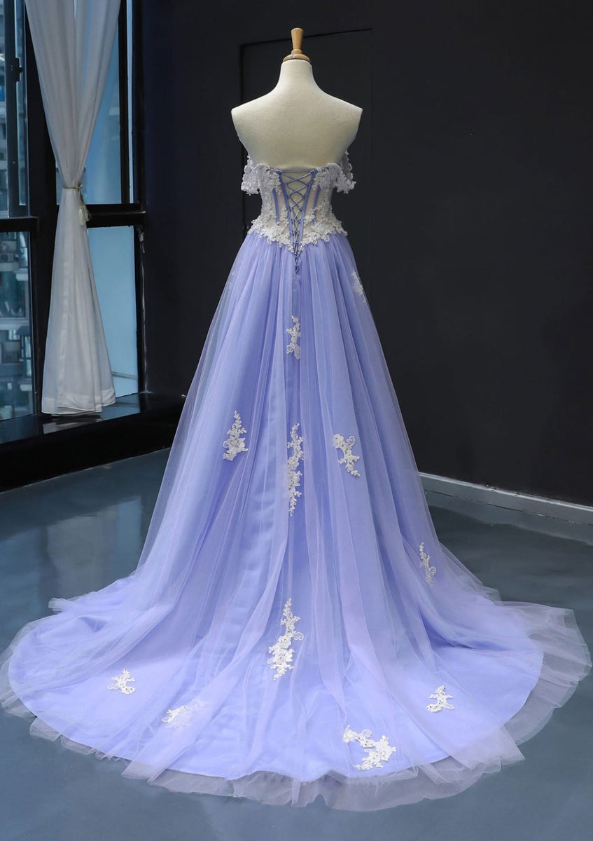 Cute Ball Gown Off the Shoulder Lavender Tiered Tulle Prom Dress with Appliques