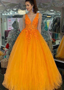 Princess Plunging Sleeveless Floor-Length Tulle Ball Gown Prom Dress, Lace