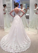 Princess Scalloped V Neck Court Lace Wedding Dress, Buttons