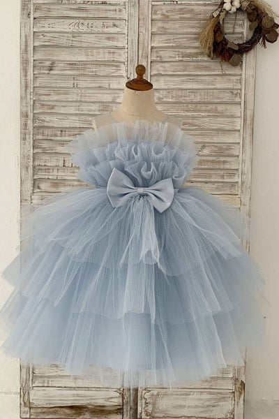 Sheer Neck Pleated Blue Tulle Wedding Flower Girl Dress Kids