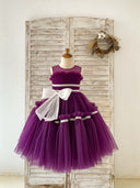 Princess Sheer Neck Pleated Purple Tulle Wedding Flower Girl Dress Kids Party, Bow